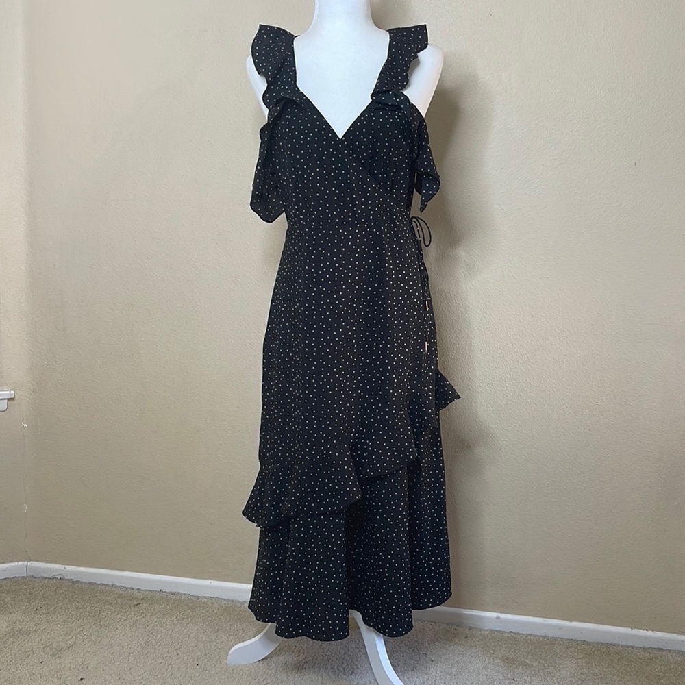 SAYLOR Black Beige Polka Dot V Neck Ruffle Sleeveless Midi Dress Size Medium